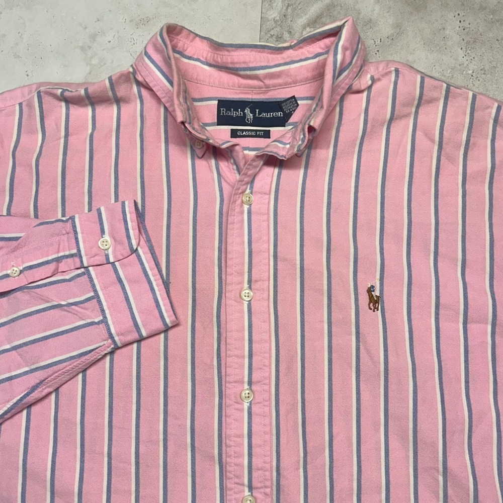 Ralph Lauren Button Down Shirt Pink Mens XL Classic Fit Striped Oxford Pony